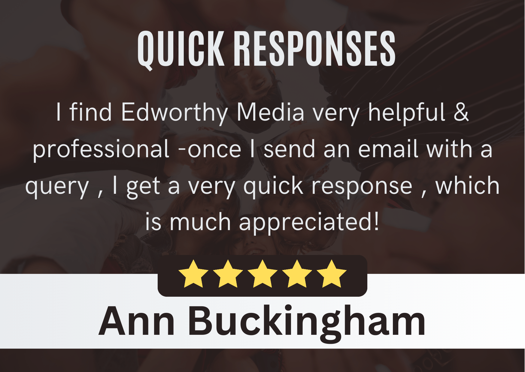 Ann Buckingham - Edworthy Media Review | PPC Agency Web management Services Exeter. Review Content: I find Edworthy media very helpful & professional. - Once I send and email with a query, I get a very quick response, which is much appreciated!