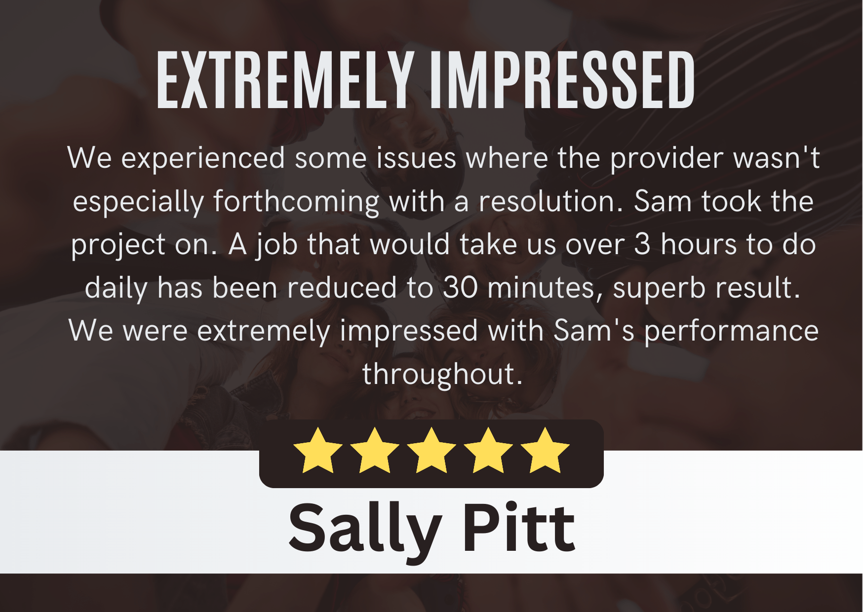 Sally Pitt - Edworthy Media Review | PPC Agency & SEO Services Exeter. Review Content: We experienced some issues where the provider wasn't especially forthcoming with a resolution. Sam took the project on. A job that would take us over 3 hours to do do daily has been reduced to 30 minutes, superb result. We were extremely impressed with Sam's performance throughout.