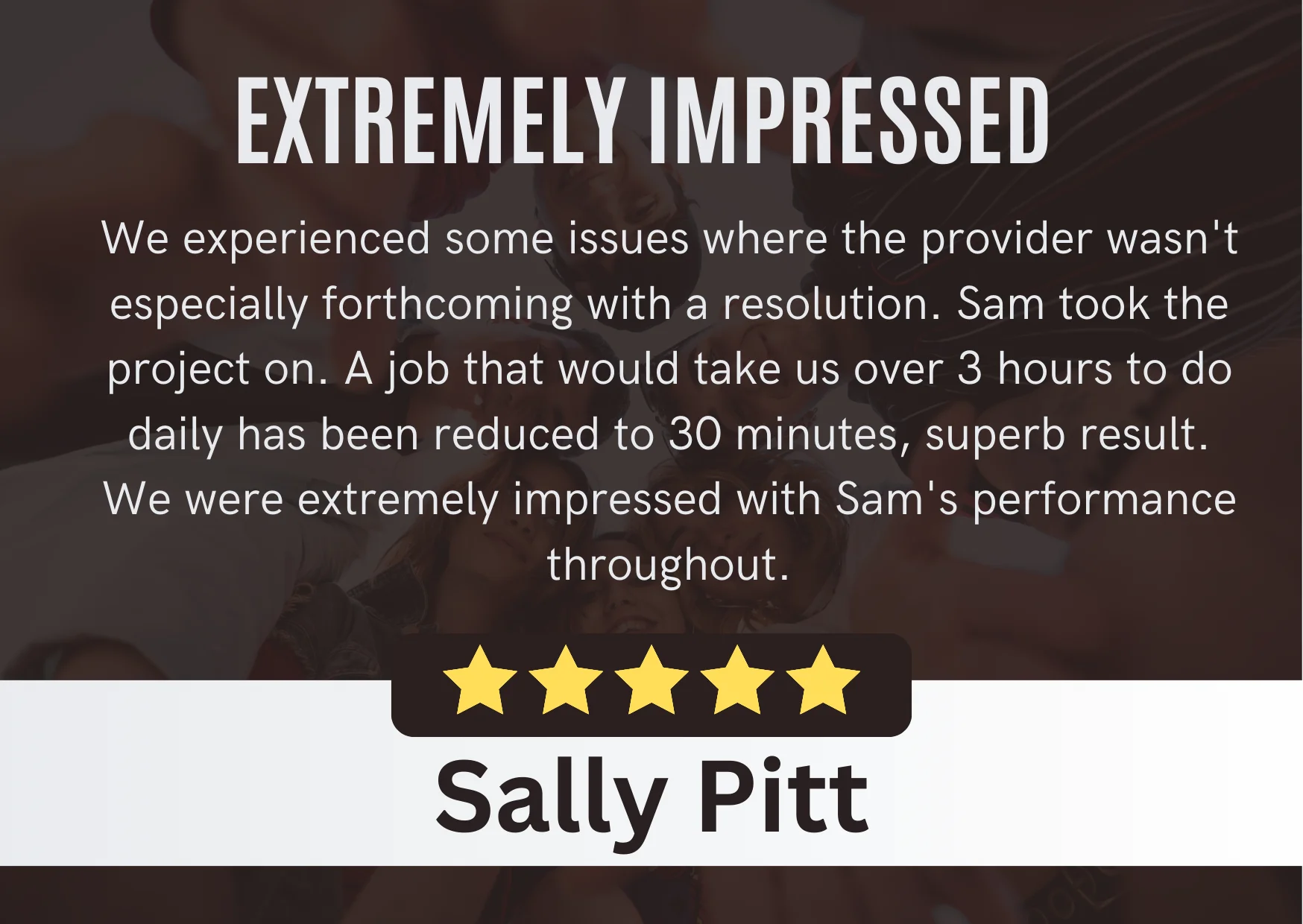 Customer review with five stars rating and feedback from Sally Pitt about a service experience.