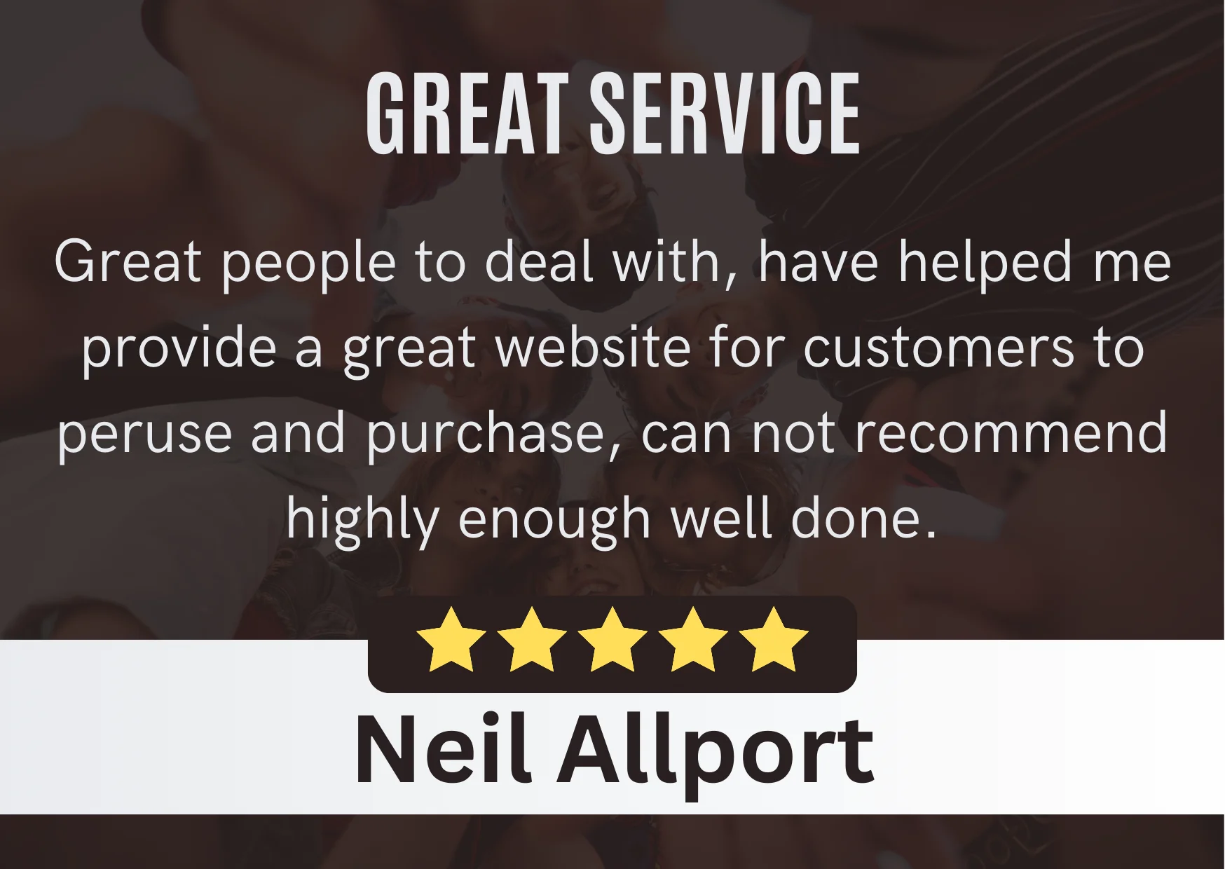 Customer review featuring five-star rating and positive feedback about service.