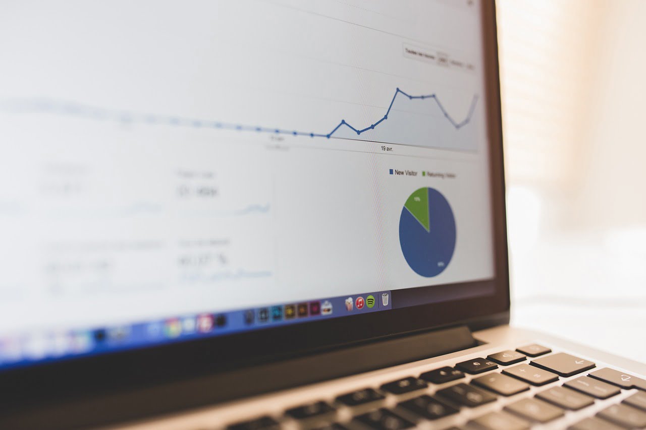 Close-up of a laptop screen displaying an analytics dashboard with graphs and pie charts, showcasing website performance metrics. Maximise Business Growth through Web Design, SEO and Social Media marketing.
